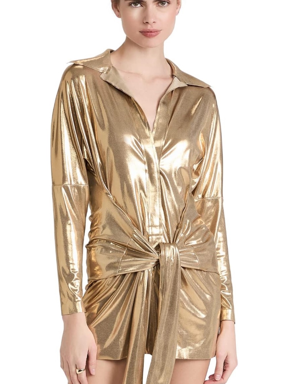 Norma Kamali Metallic Gold Tie-Front Button Down Top